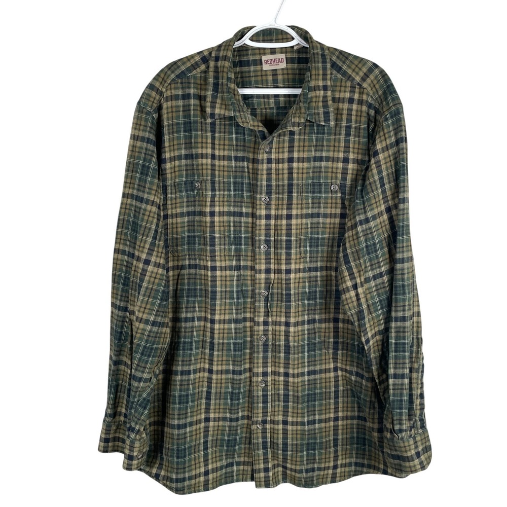 RedHead Flannel Shirt Mens 2XLT Green Plaid Cotton Button Up Long Sleeve Pockets - Picture 2 of 5